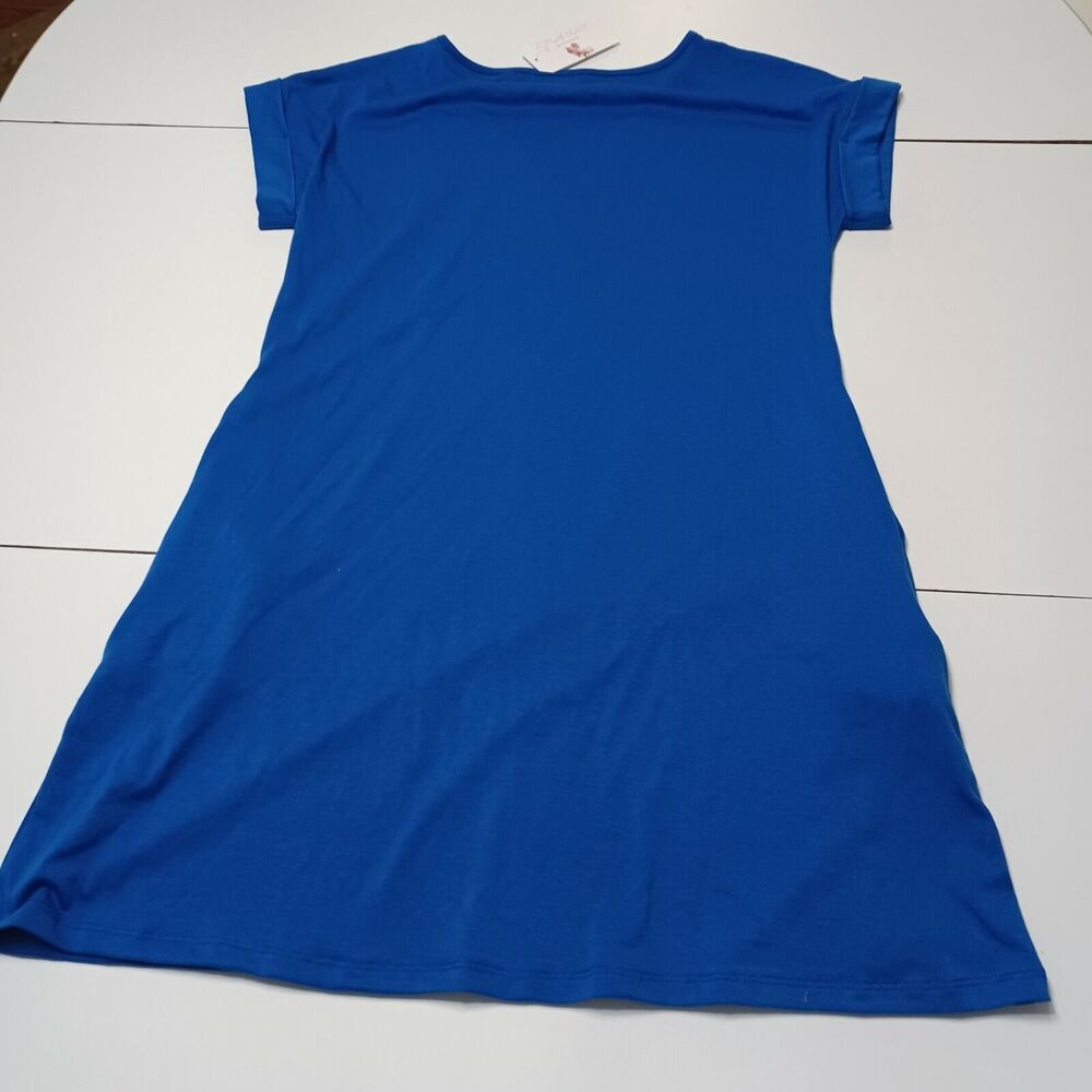 She & Sho Women Medium Tee Shirt Dress Blue V Neck Pockets Stretch Cuffed Sleeve